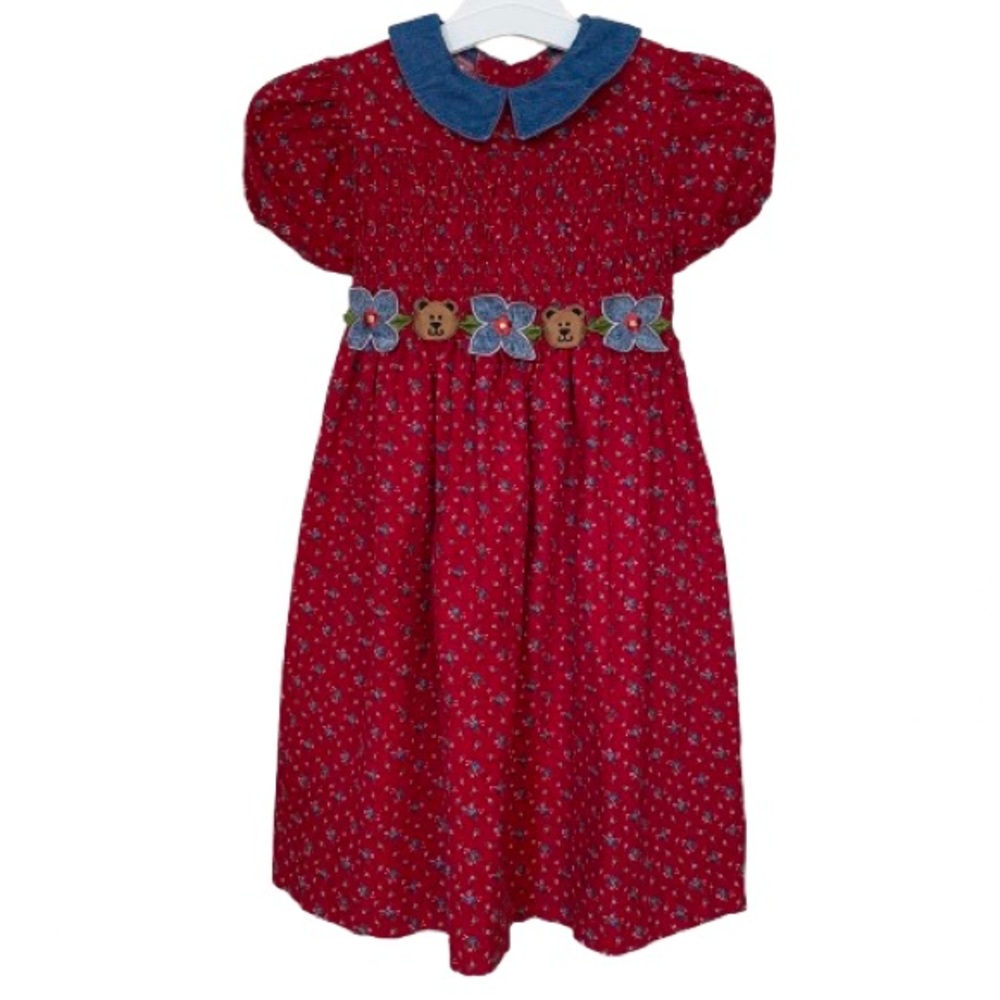 Bonnie Jean Girls Red Floral Dress Size 6 Smocking & Appliqué Detail Cottagecore